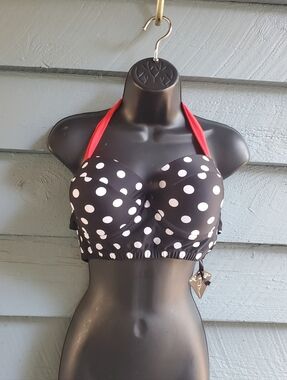 Bikini Swim Suit Top L D/DD Black White Polka Dots